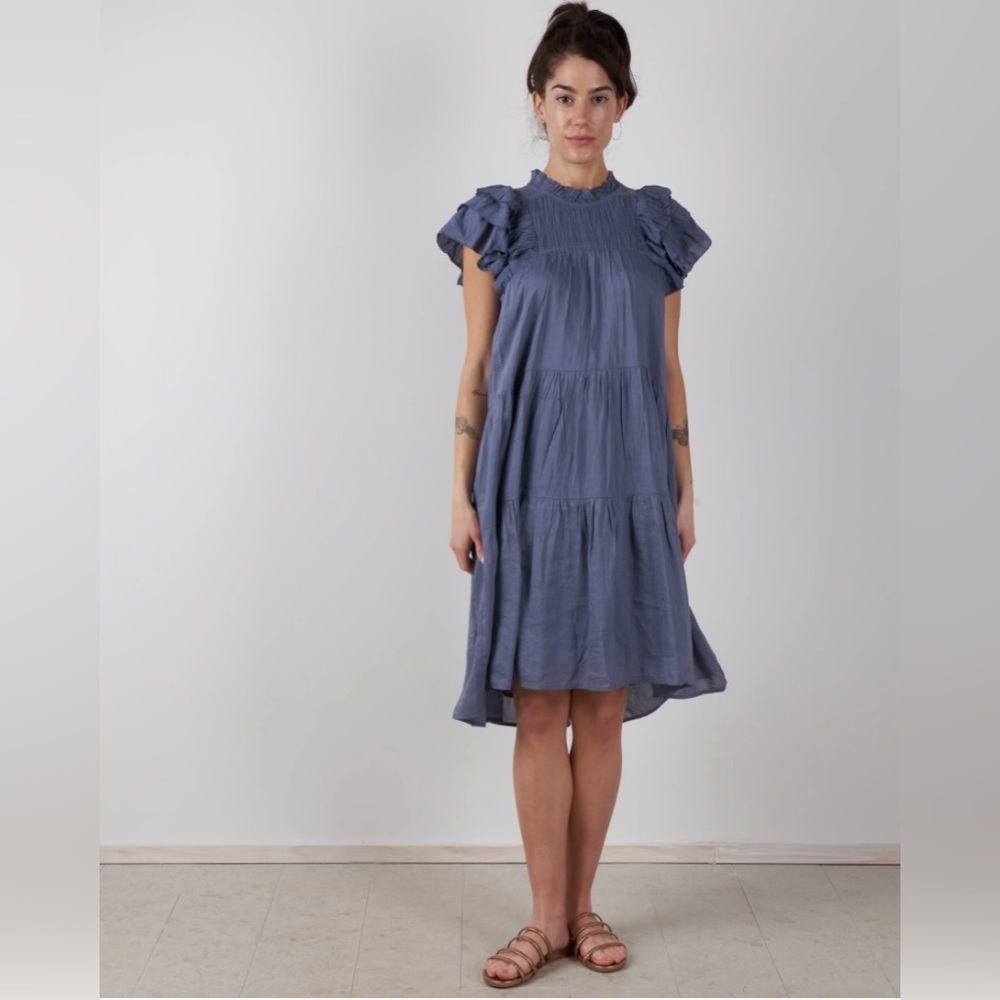 Sea New York Eleanor Ruffle Smocked Tiered Dress in Slate – XS – Blue – EUC